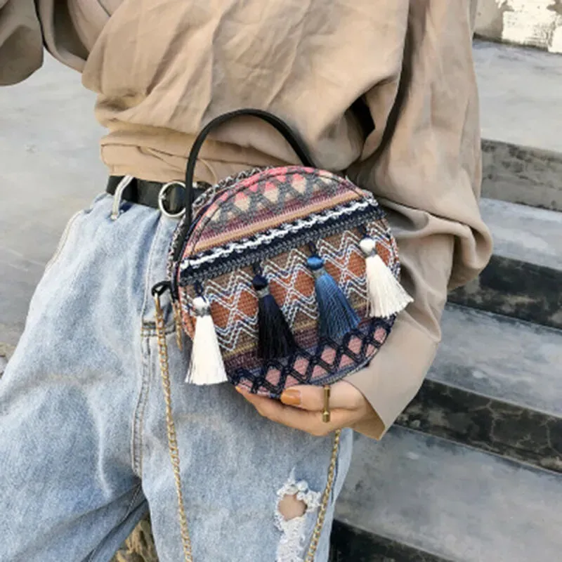 T1035D613C_117492.webp Women Boho Tassel Decorative Woven Design Color Blocking Crossbody Bag - Image 2