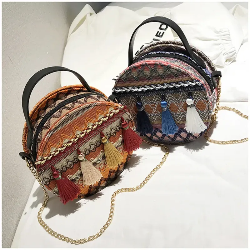 T1035D613C_117494.webp Women Boho Tassel Decorative Woven Design Color Blocking Crossbody Bag - Image 3