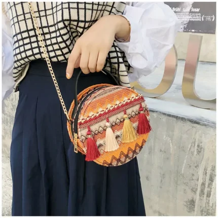 Women Boho Tassel Decorative Woven Design Color Blocking Crossbody Bag - Image 4