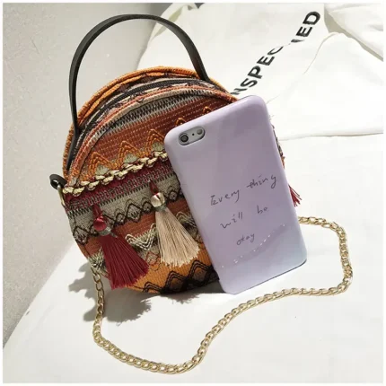 Women Boho Tassel Decorative Woven Design Color Blocking Crossbody Bag - Image 5