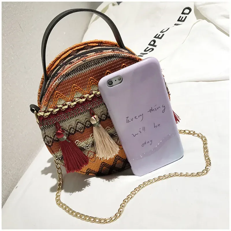 T1035D613C_117515.webp Women Boho Tassel Decorative Woven Design Color Blocking Crossbody Bag - Image 5