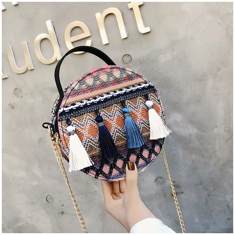 T1035D613C_117535.webp Women Boho Tassel Decorative Woven Design Color Blocking Crossbody Bag - Image 7