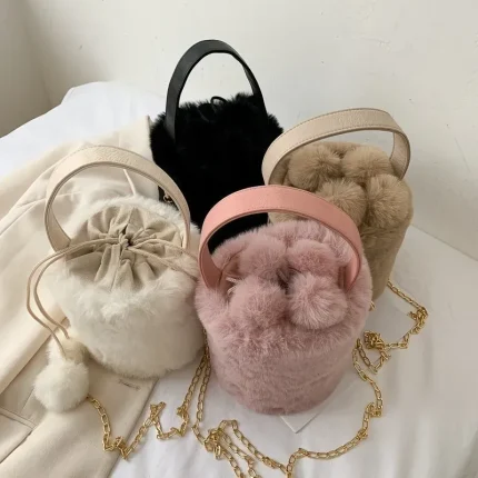 Women Fashion Plush Drawstring Anti-Theft Hair Ball Portable Bucket Bag - Image 3