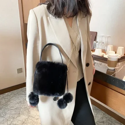 Women Fashion Plush Drawstring Anti-Theft Hair Ball Portable Bucket Bag - Image 4