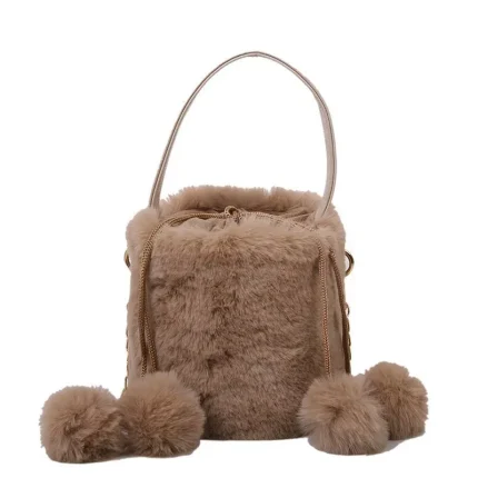Women Fashion Plush Drawstring Anti-Theft Hair Ball Portable Bucket Bag - Image 5