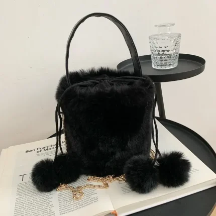 Women Fashion Plush Drawstring Anti-Theft Hair Ball Portable Bucket Bag - Image 6