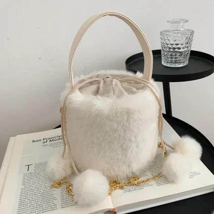 Women Fashion Plush Drawstring Anti-Theft Hair Ball Portable Bucket Bag - Image 7