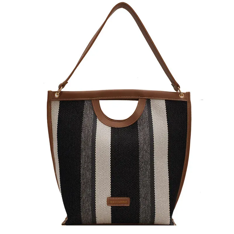 T10383BAD_113336.webp Women Fashion Canvas Stripe Shoulder Bag - Image 2