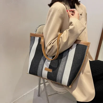 Women Fashion Canvas Stripe Shoulder Bag - Image 3