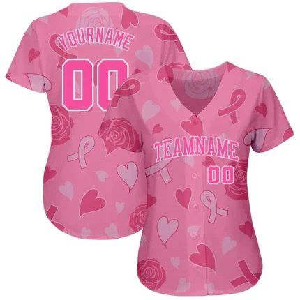 Custom 3D Pink Ribbon Breast Cancer Awareness Month Women Health Care Support Authentic Baseball Jersey - Image 2