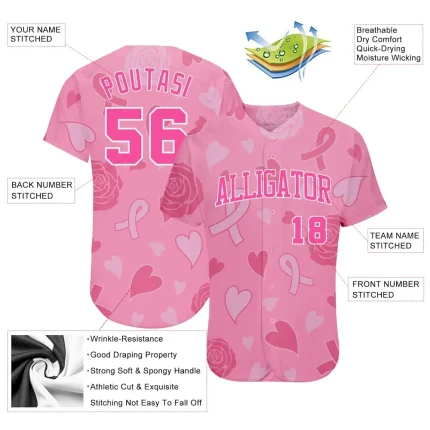 Custom 3D Pink Ribbon Breast Cancer Awareness Month Women Health Care Support Authentic Baseball Jersey - Image 3
