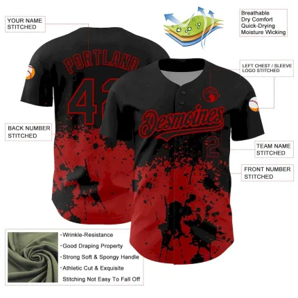 Custom Black Red 3D Pattern Design Abstract Splash Grunge Art Authentic Baseball Jersey - Image 3