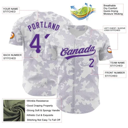 Custom White Purple-Gray 3D Pattern Design Curve Lines Authentic Baseball Jersey - Image 3
