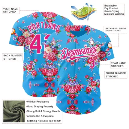 Custom Electric Blue Hot Pink-White 3D Pattern Design Northeast China Big Flower Authentic Baseball Jersey - Image 3