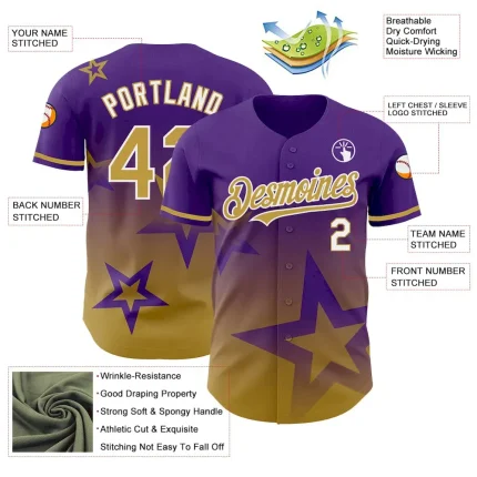 Custom Purple Old Gold-White 3D Pattern Design Gradient Style Twinkle Star Authentic Baseball Jersey - Image 3