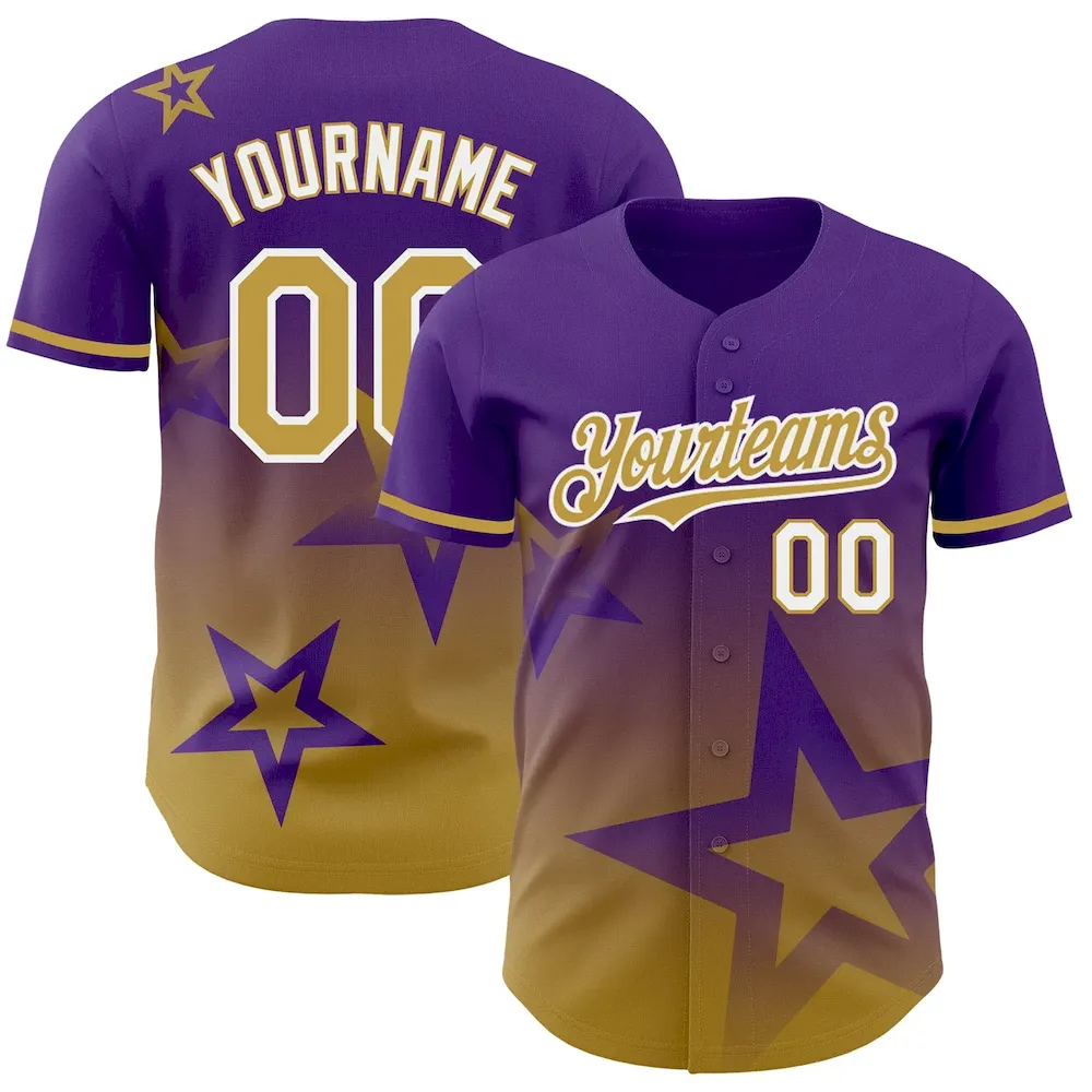 3DPattern4171.webp Custom Purple Old Gold-White 3D Pattern Design Gradient Style Twinkle Star Authentic Baseball Jersey - Image 1