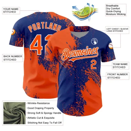 Custom Orange Royal-White 3D Pattern Design Abstract Brush Stroke Authentic Baseball Jersey - Image 3
