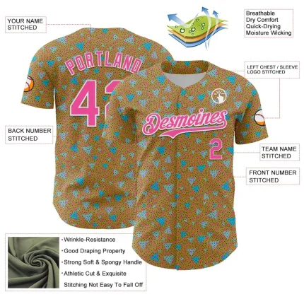 Custom Old Gold Pink-White 3D Pattern Design Geometric Shape Authentic Baseball Jersey - Image 3