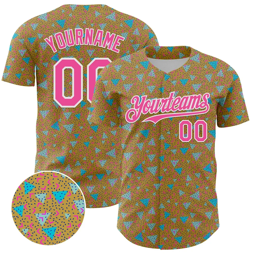 3DPattern5056.webp Custom Old Gold Pink-White 3D Pattern Design Geometric Shape Authentic Baseball Jersey - Image 1