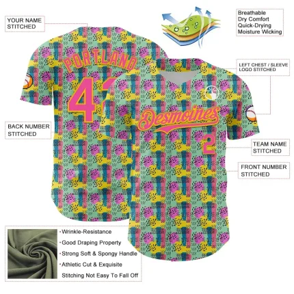 Custom Green Pink-Yellow 3D Pattern Design Color Brush Blocks Authentic Baseball Jersey - Image 3