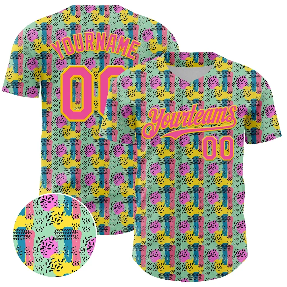 3DPattern5057.webp Custom Green Pink-Yellow 3D Pattern Design Color Brush Blocks Authentic Baseball Jersey - Image 1