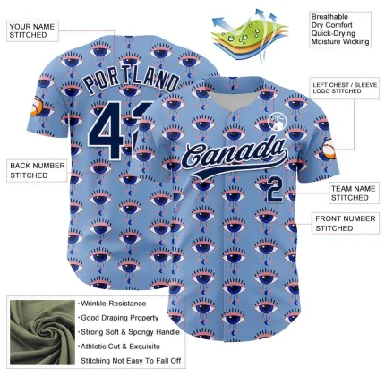 Custom Light Blue Navy-White 3D Pattern Design Evil Eyes Authentic Baseball Jersey - Image 3