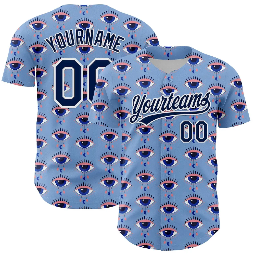 3DPattern6226.webp Custom Light Blue Navy-White 3D Pattern Design Evil Eyes Authentic Baseball Jersey - Image 1