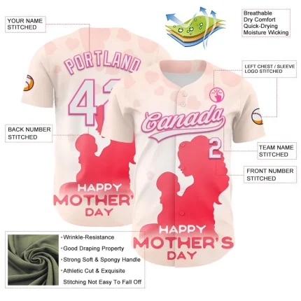 Custom Cream White-Pink 3D Pattern Design Mother's Day Family Love Authentic Baseball Jersey - Image 3