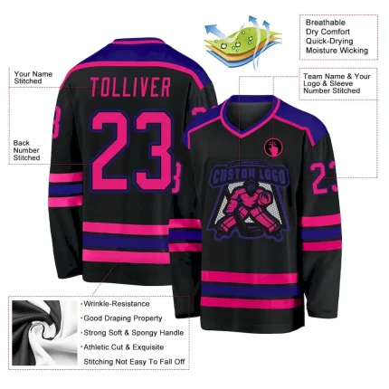 Custom Black Hot Pink-Dark Purple Hockey Jersey - Image 3