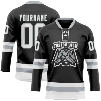 Custom Black White-Gray Hockey Lace Neck Jersey - Image 2