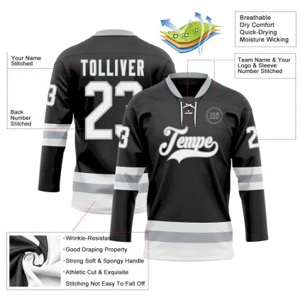 Custom Black White-Gray Hockey Lace Neck Jersey - Image 3