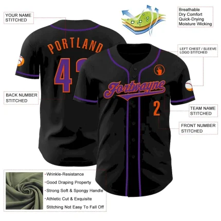 Custom Black Purple-Orange Authentic Baseball Jersey - Image 3