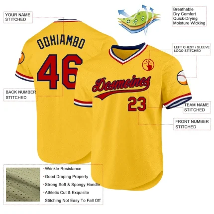 Custom Gold Red-Navy Authentic Throwback Baseball Jersey - Image 3