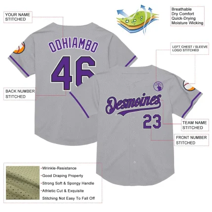 Custom Gray Purple-Black Mesh Authentic Throwback Baseball Jersey - Image 3