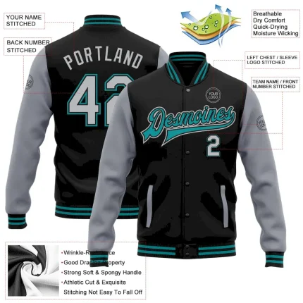 Custom Black Gray-Teal Bomber Full-Snap Varsity Letterman Two Tone Jacket - Image 3