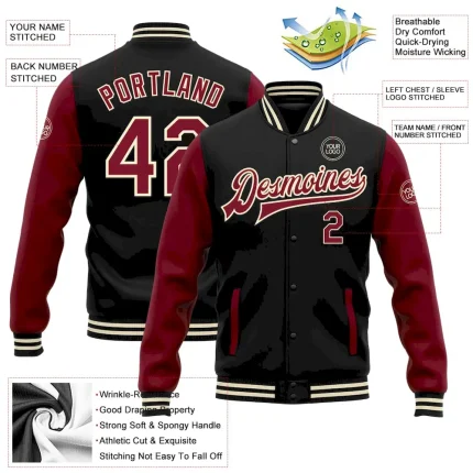Custom Black Crimson-Cream Bomber Full-Snap Varsity Letterman Two Tone Jacket - Image 3