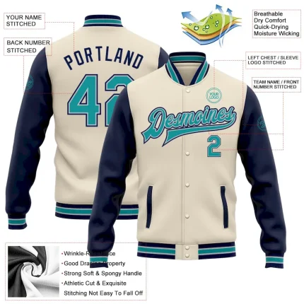 Custom Cream Teal Navy-Gray Bomber Full-Snap Varsity Letterman Two Tone Jacket - Image 3