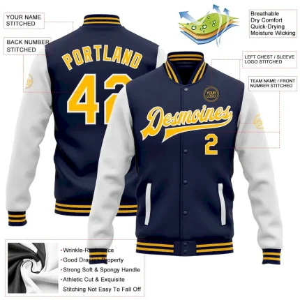 Custom Navy Gold-White Bomber Full-Snap Varsity Letterman Two Tone Jacket - Image 3