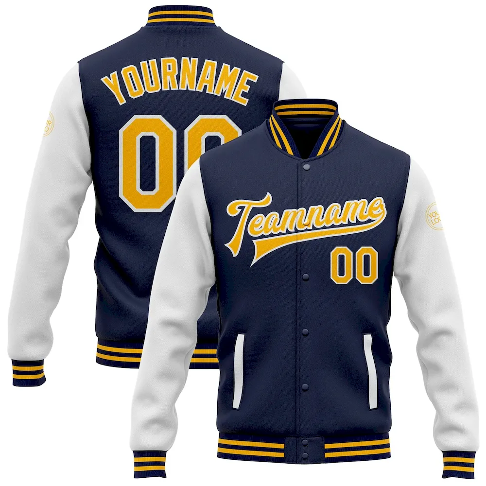 Jacket2532.webp Custom Navy Gold-White Bomber Full-Snap Varsity Letterman Two Tone Jacket - Image 1