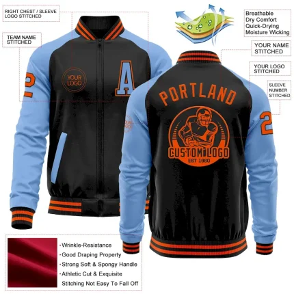 Custom Black Orange-Light Blue Bomber Varsity Letterman Two Tone Zipper Jacket - Image 3