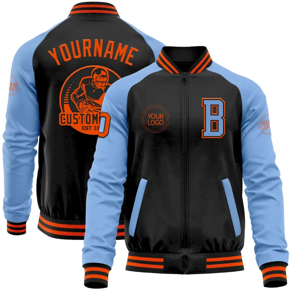 Jacket3925_cd459fc2-196b-4019-94ce-adce5ceade60.webp Custom Black Orange-Light Blue Bomber Varsity Letterman Two Tone Zipper Jacket - Image 1