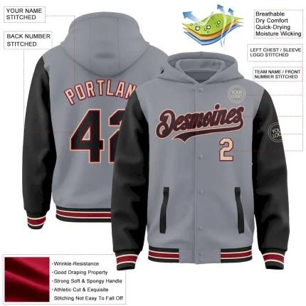 Custom Gray Black Crimson-City Cream Bomber Full-Snap Varsity Letterman Two Tone Hoodie Jacket - Image 3