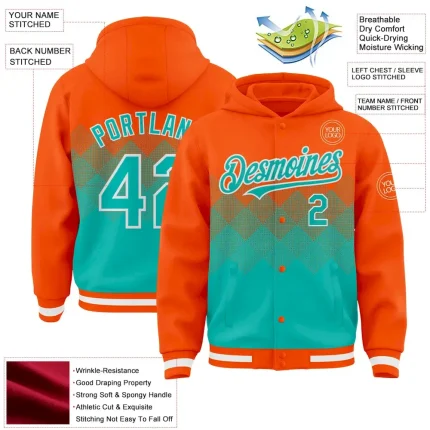Custom Orange Aqua-White Gradient Square Shape 3D Pattern Design Bomber Full-Snap Varsity Letterman Hoodie Jacket - Image 3
