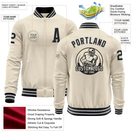 Custom Cream Black-Gray Bomber Varsity Letterman Zipper Jacket - Image 3