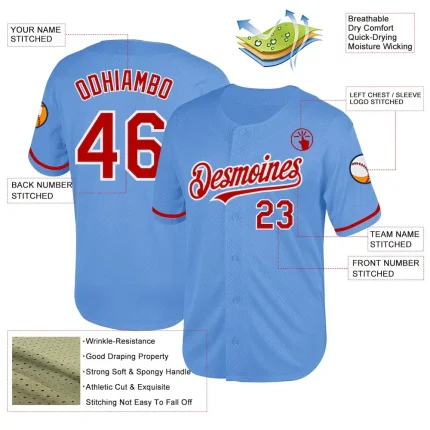 Custom Light Blue Red-White Mesh Authentic Throwback Baseball Jersey - Image 3