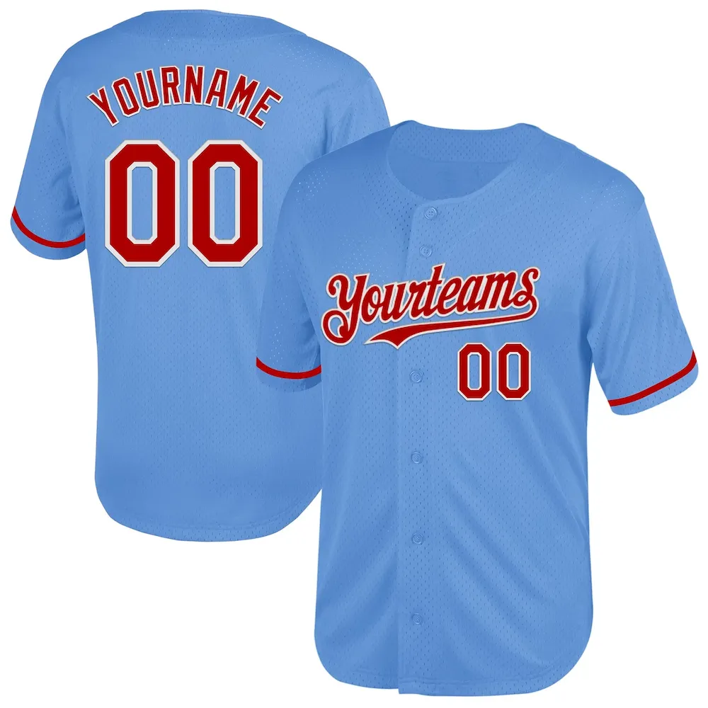 LightBlue0635.webp Custom Light Blue Red-White Mesh Authentic Throwback Baseball Jersey - Image 1