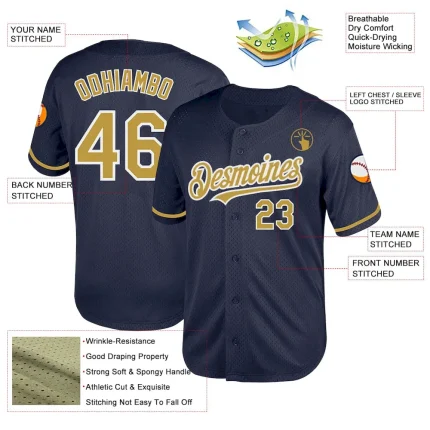 Custom Navy Old Gold-White Mesh Authentic Throwback Baseball Jersey - Image 3