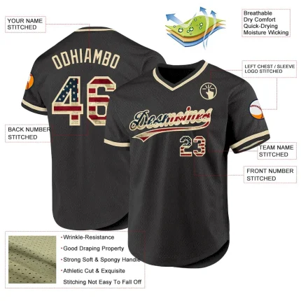 Custom Olive Vintage USA Flag Cream-Black Authentic Throwback Salute To Service Baseball Jersey - Image 3