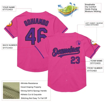 Custom Pink Purple-Black Mesh Authentic Throwback Baseball Jersey - Image 3
