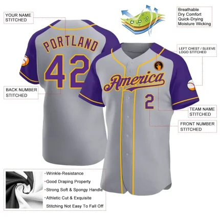 Custom Gray Purple-Gold Authentic Raglan Sleeves Baseball Jersey - Image 3